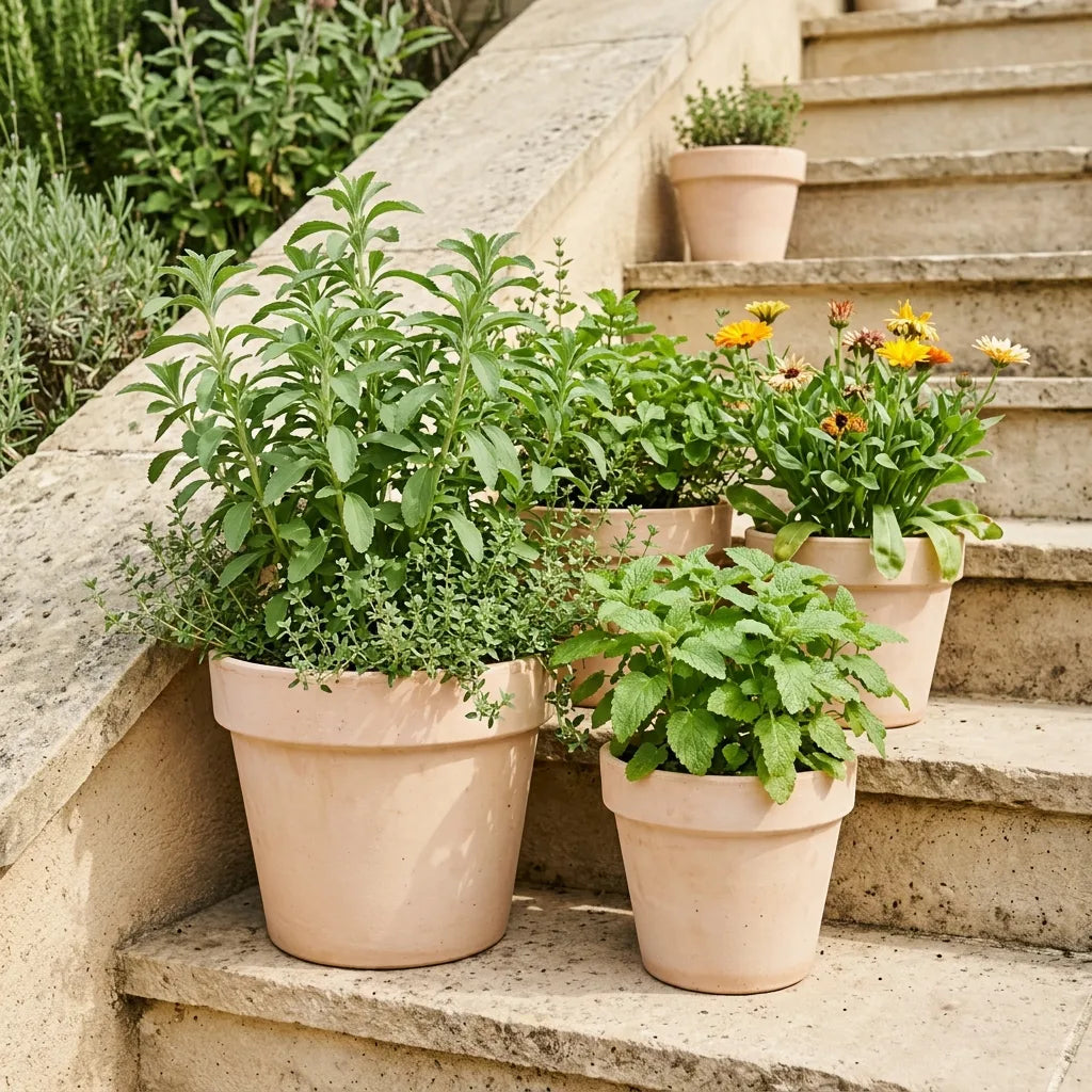 Stévia cultivée en pot de terre cuite sur un escalier de pierre de jardin