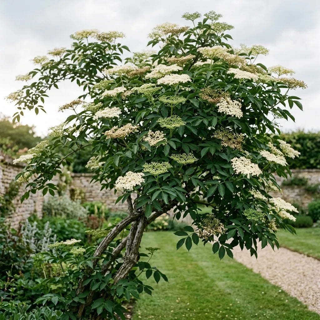Sureau noir adulte en pleine floraison dans un jardin de campagne — SemiSauvage
