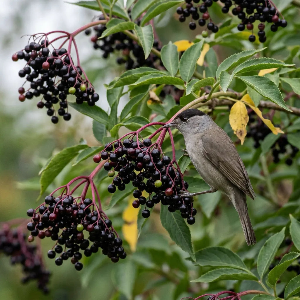 Fauvette à tête noire se nourrissant des baies de sureau à la fin de l'été — SemiSauvage