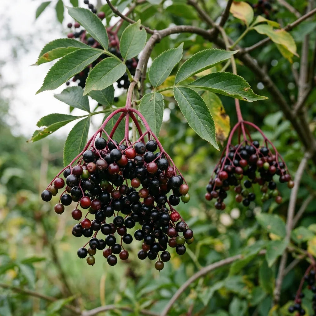 Grappes retombantes de baies noires de sureau sur pédicelles rouge pourpre — SemiSauvage