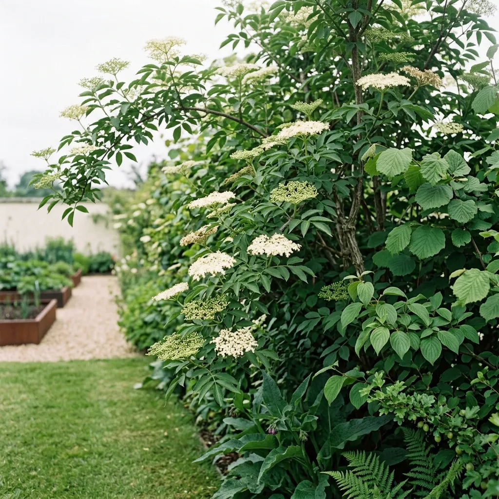 Sureau noir en pilier d'une haie champêtre nourricière en bordure de potager — SemiSauvage