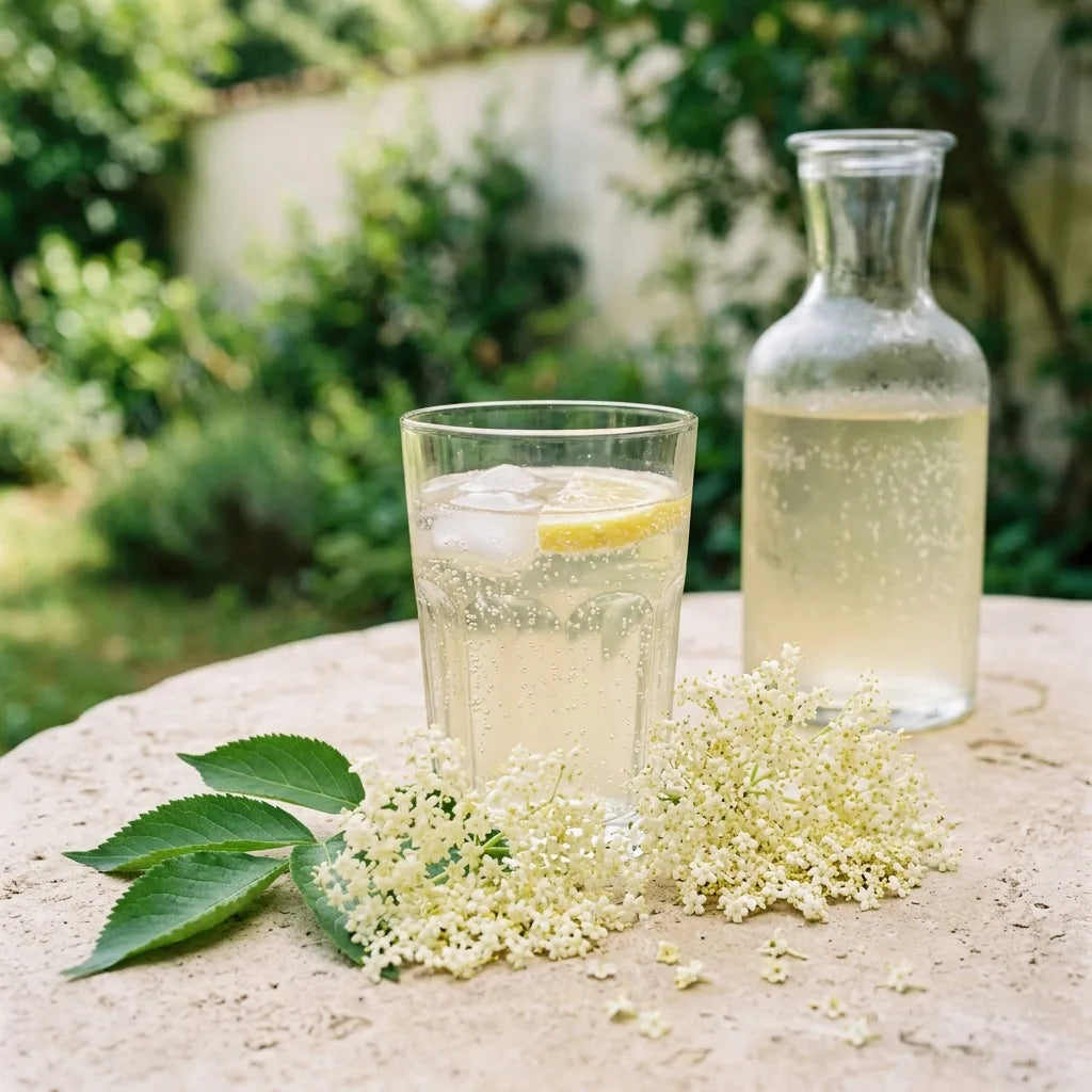 Limonade pétillante aux fleurs de sureau servie au jardin — SemiSauvage