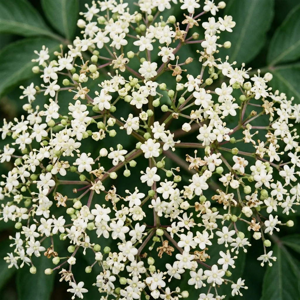 Macro d'une ombelle de sureau noir, fleurs blanc crème à cinq étamines, détail botanique — SemiSauvage