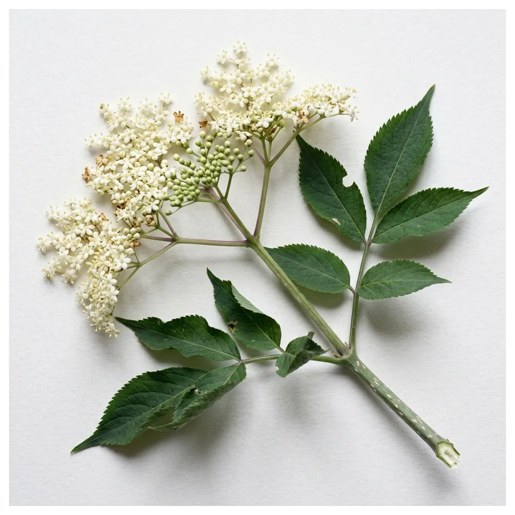 Rameau fleuri de sureau noir (Sambucus nigra), ombelle blanc crème et feuille imparipennée, sur fond blanc — SemiSauvage