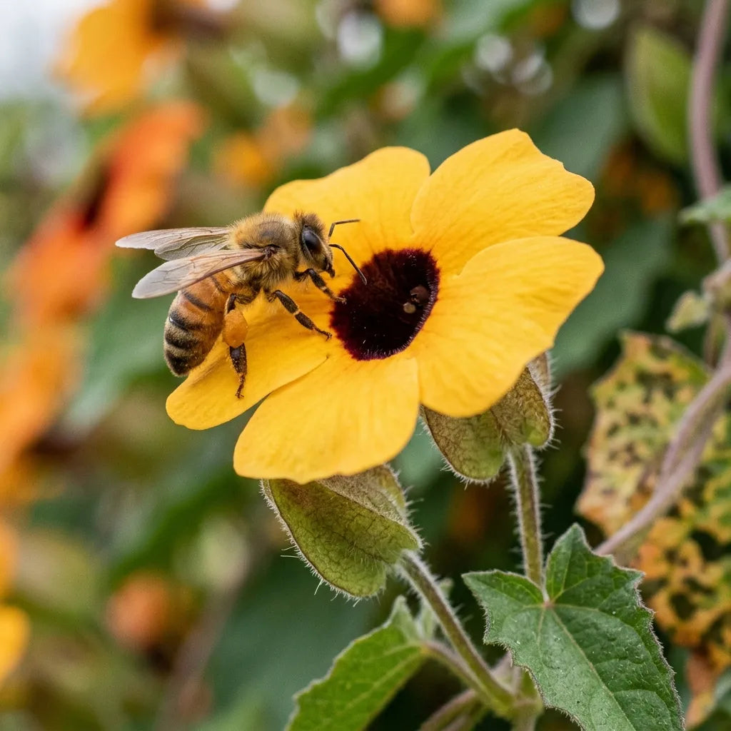 Abeille guidée par le cœur sombre d'une fleur de suzanne-aux-yeux-noirs — SemiSauvage