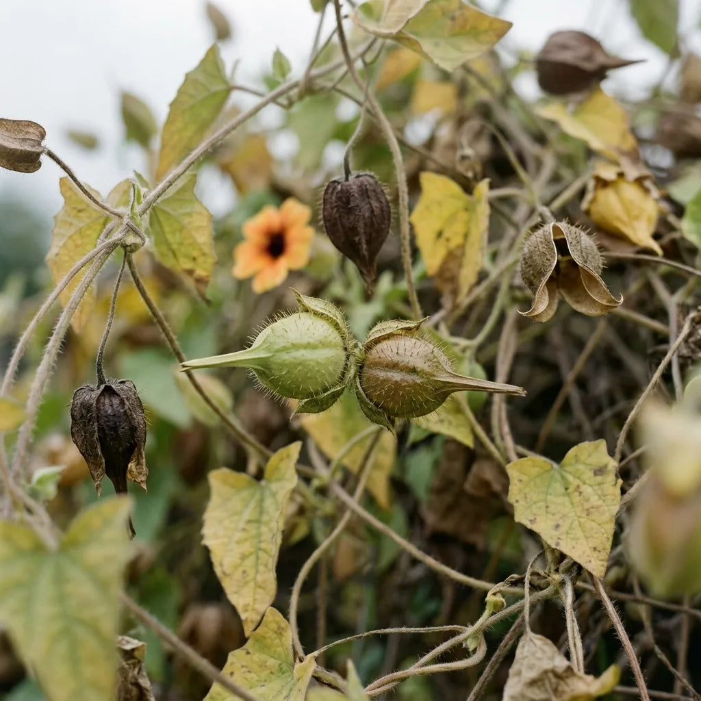 Capsules à bec de la suzanne-aux-yeux-noirs en fin de saison, récolte des graines — SemiSauvage