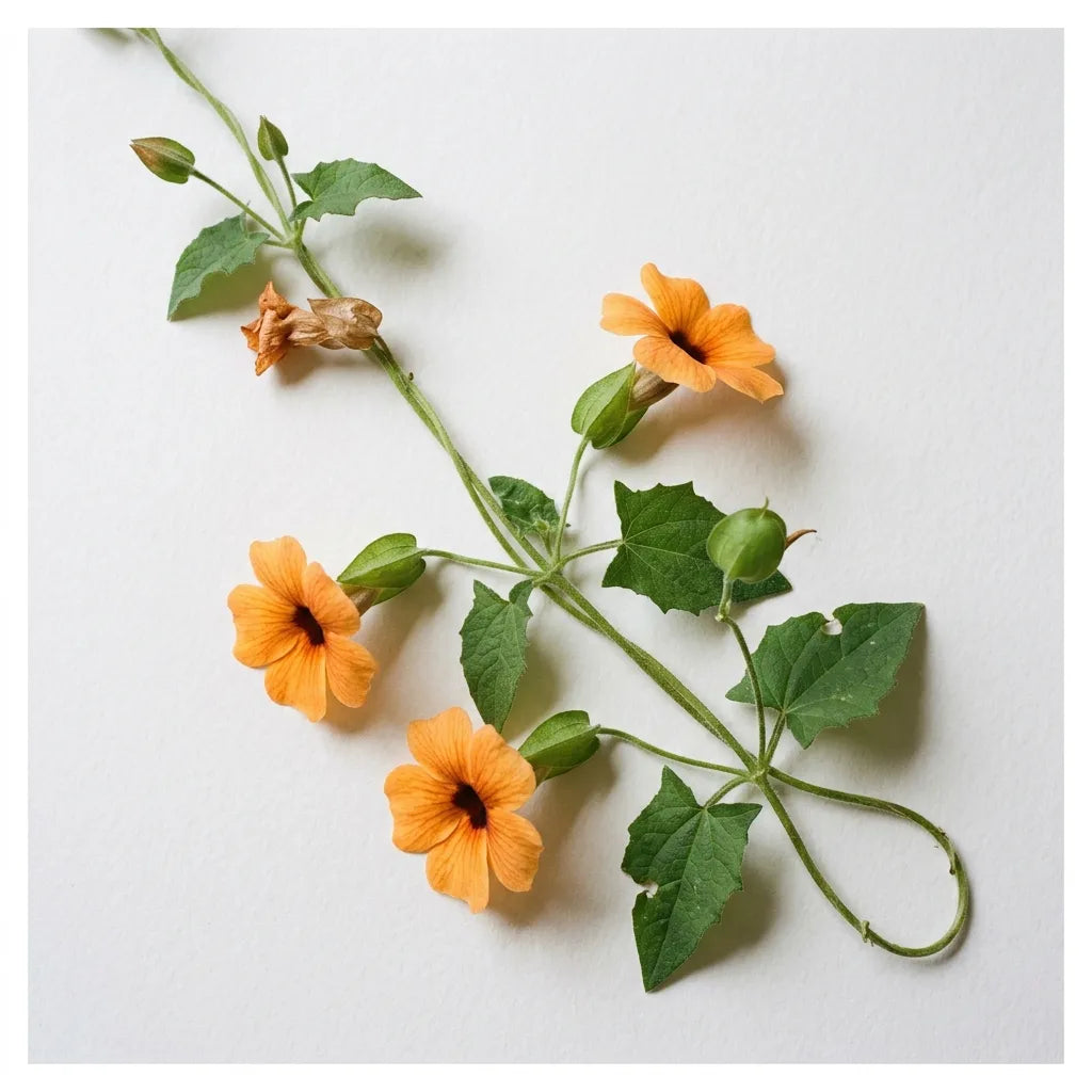 Rameau fleuri de suzanne-aux-yeux-noirs (Thunbergia alata), corolles orange à gorge brune, sur fond blanc — SemiSauvage