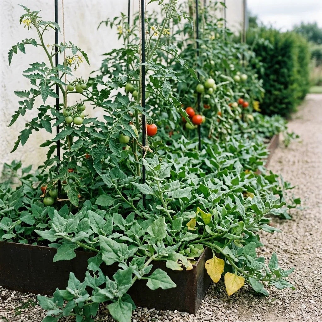 Tétragone en couvre-sol au pied des tomates, association du potager d'été — SemiSauvage