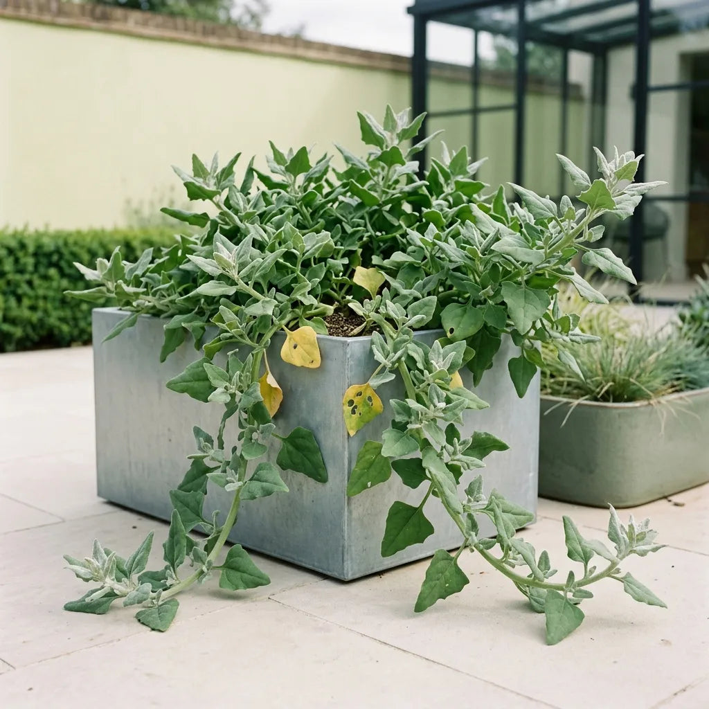 Tétragone cultivée en grand bac sur une terrasse contemporaine — SemiSauvage