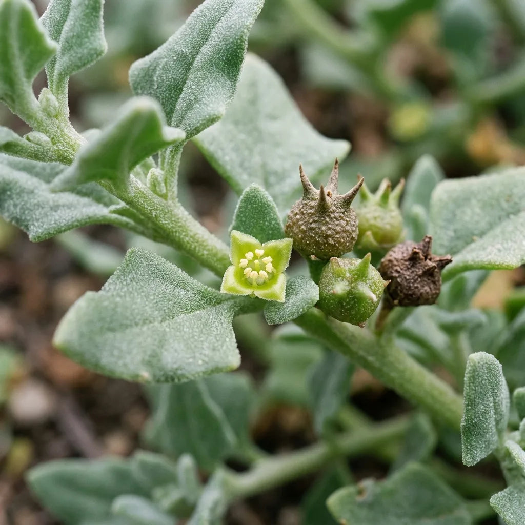 Fleur minuscule et fruits ligneux à cornes de la tétragone cornue, détail botanique — SemiSauvage