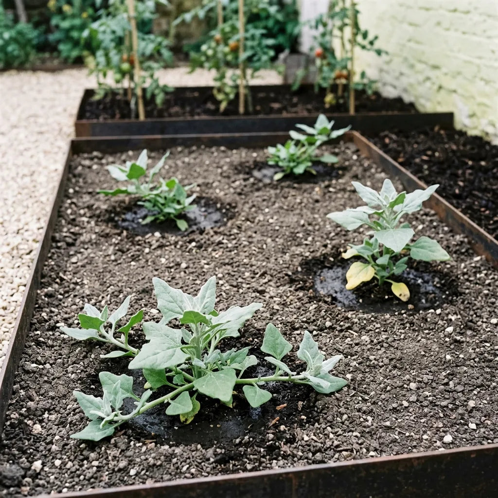 Jeunes plants de tétragone repiqués largement espacés au potager — SemiSauvage