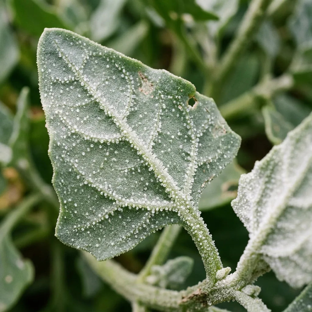 Macro d'une feuille de tétragone couverte de papilles vésiculeuses, détail botanique — SemiSauvage