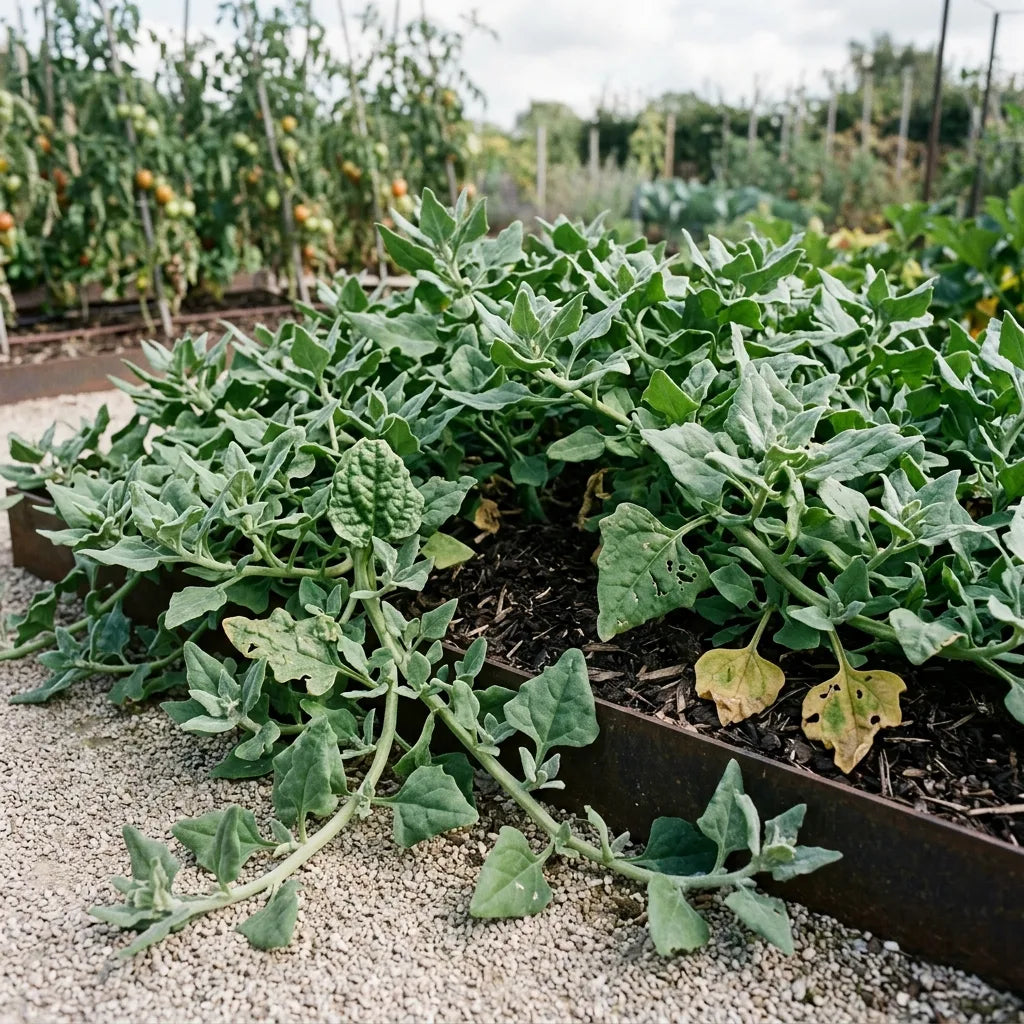Pied étalé de tétragone cornue formant un tapis productif au potager — SemiSauvage