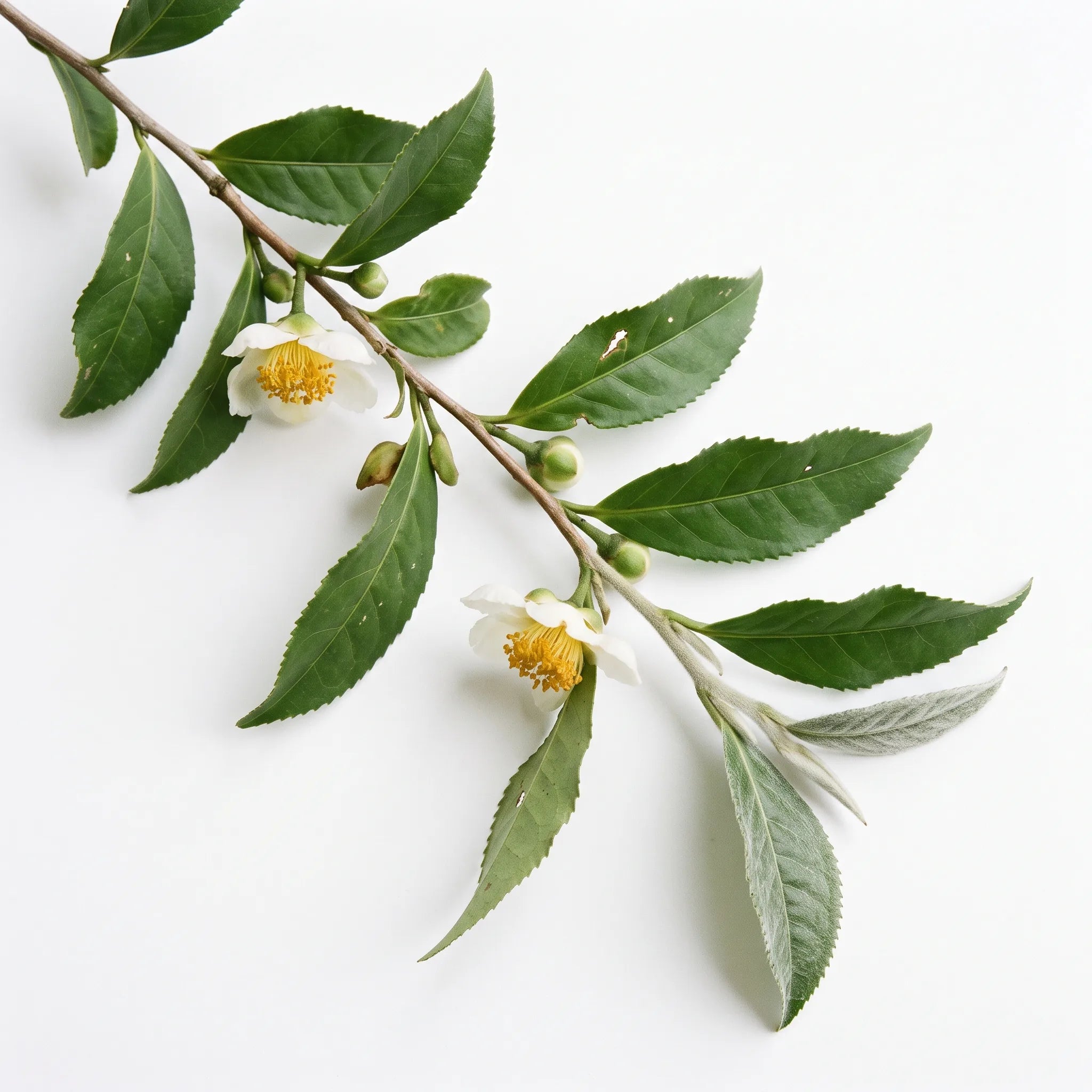 Rameau feuillé et fleuri de théier (Camellia sinensis) sur fond blanc — graines reproductibles SemiSauvage