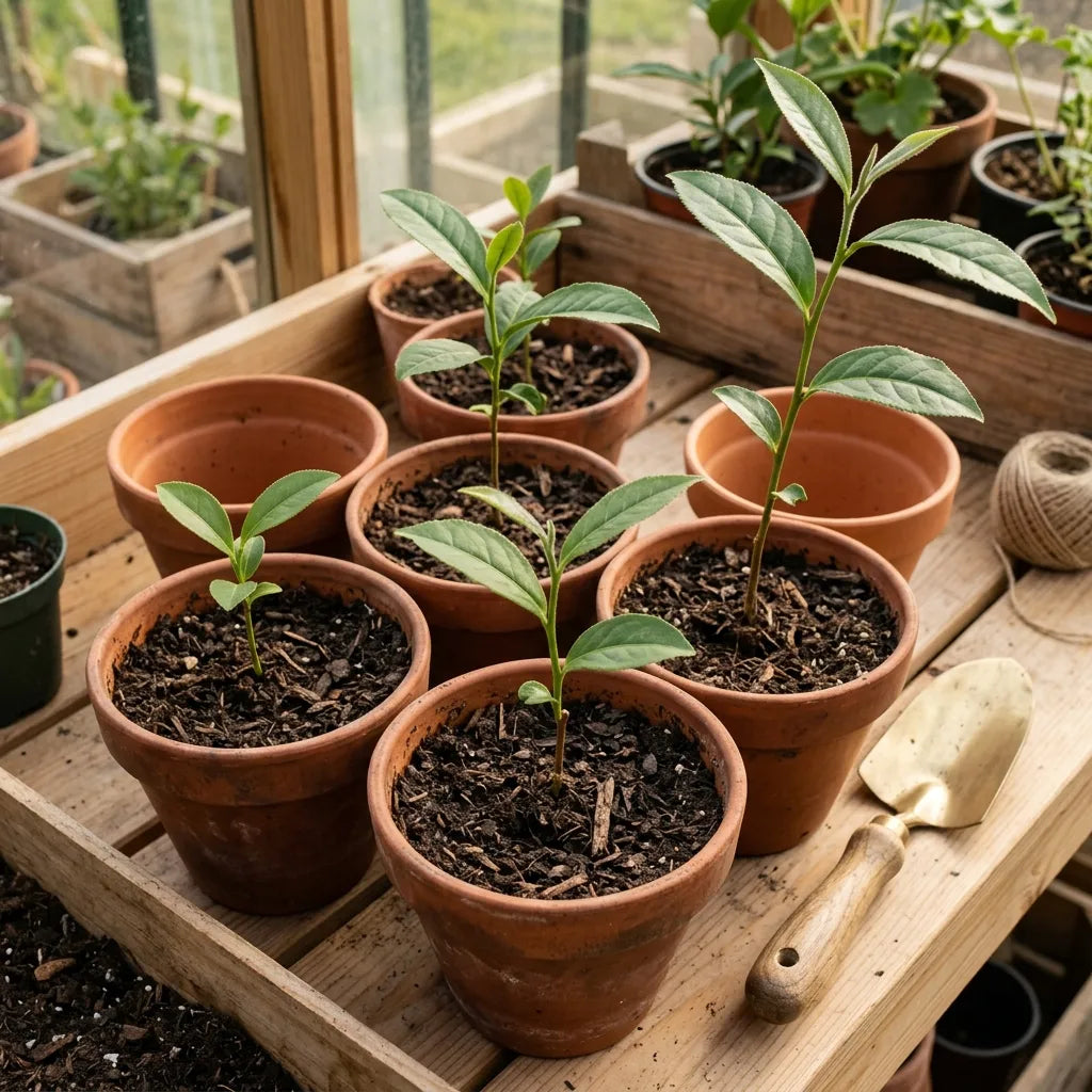 Jeunes plants de théier en godets de terre cuite sous châssis — SemiSauvage