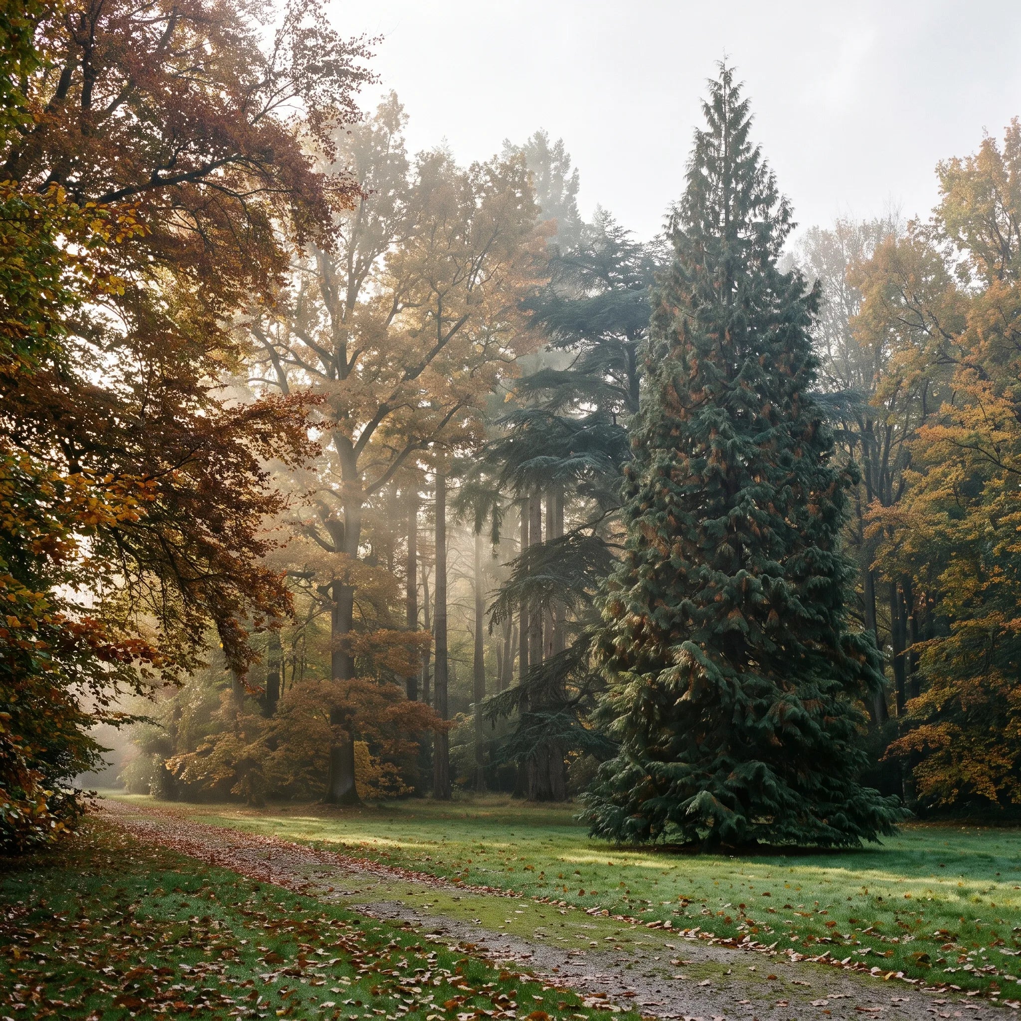 Thuya géant adulte dans un arboretum à l'automne, dans la brume du matin