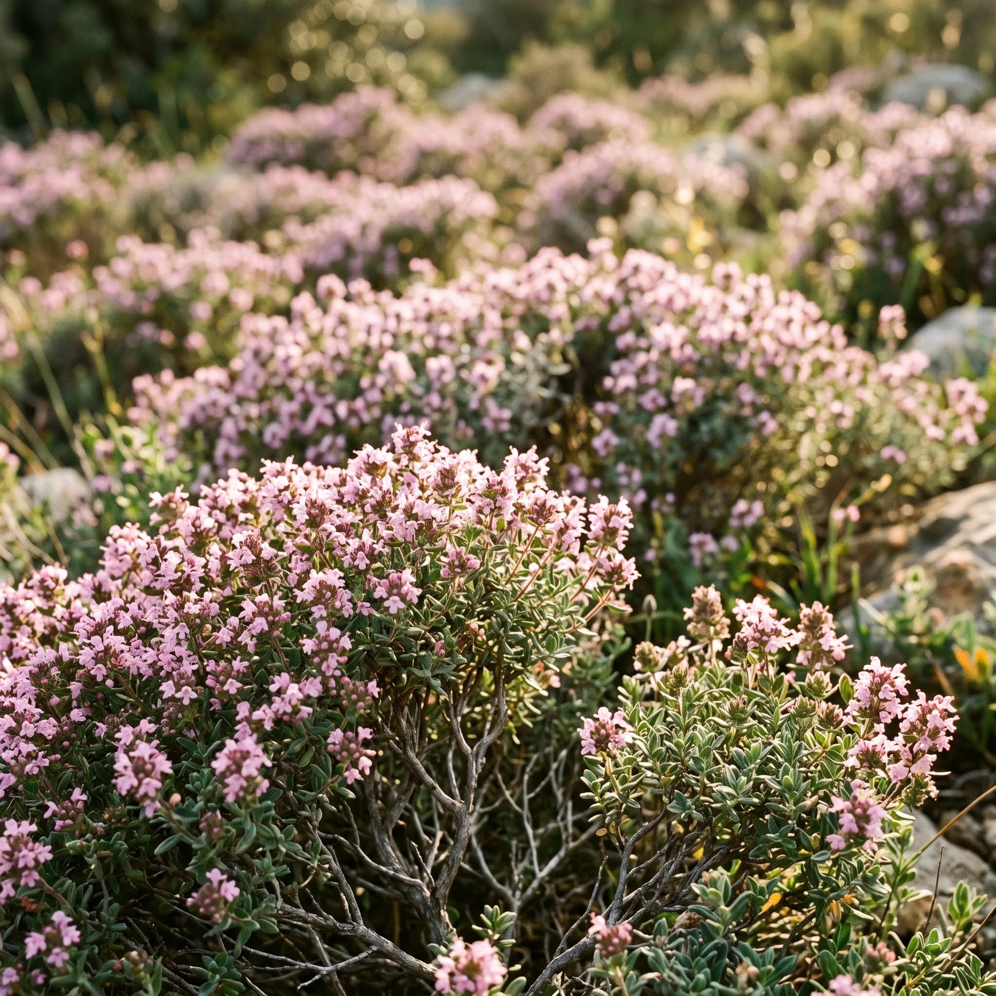 Thym en pleine floraison rose lilas dans la garrigue — graines reproductibles SemiSauvage