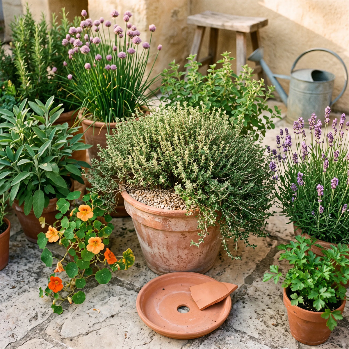 Thym cultivé en grand pot drainé sur une terrasse, entouré d'aromatiques