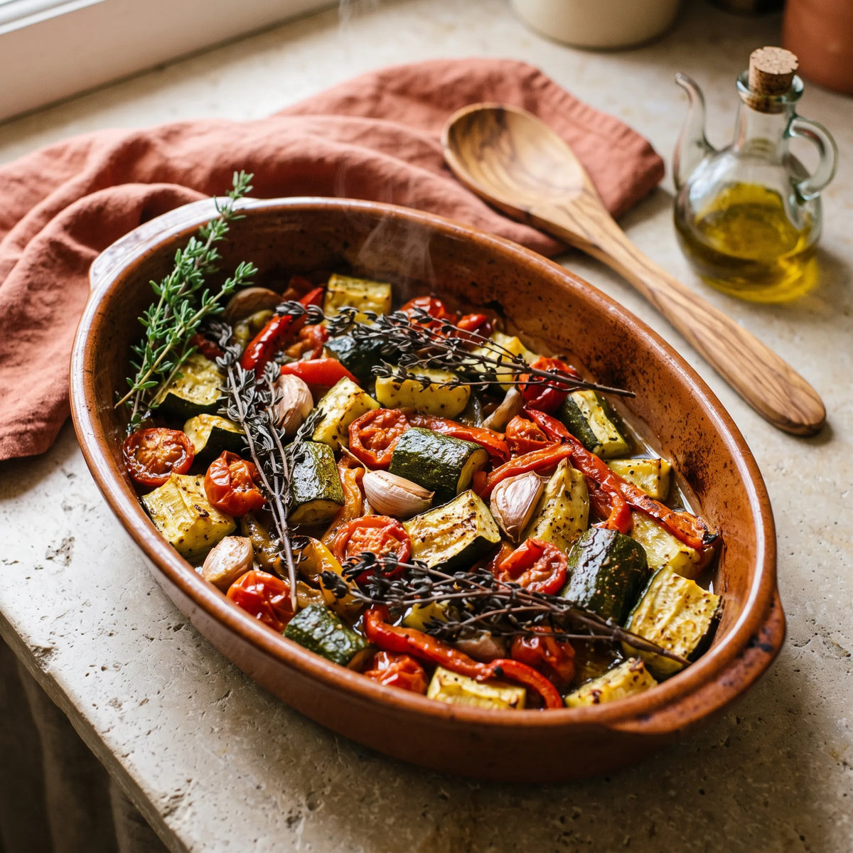 Légumes d'été rôtis au thym dans un plat en terre cuite
