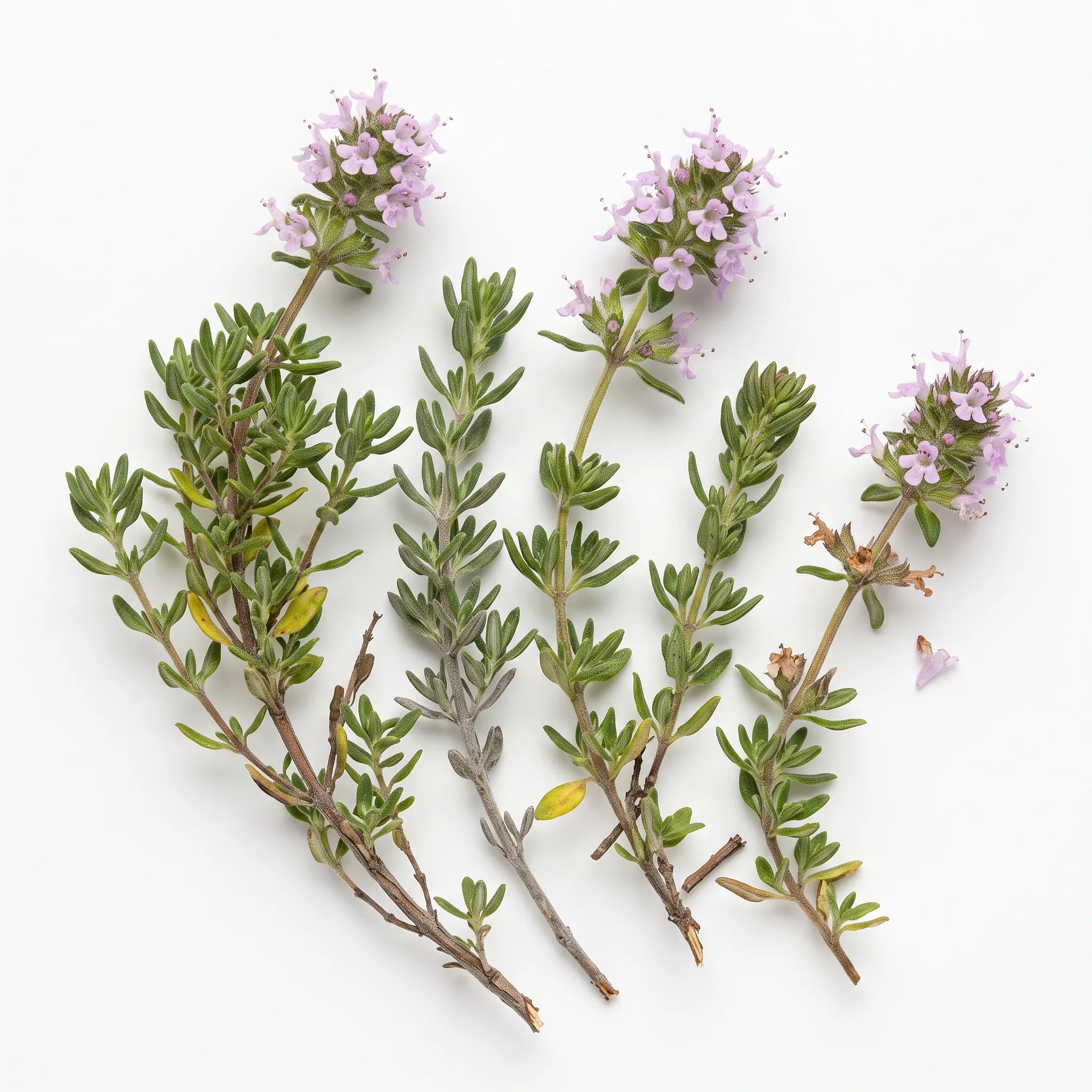 Rameaux de thym commun fleuris et feuillus sur fond blanc