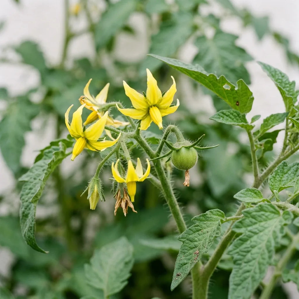 Fleurs jaunes de tomate en cyme : corolle à lobes étroits recourbés et cône d'étamines soudé, avec un jeune fruit noué — SemiSauvage