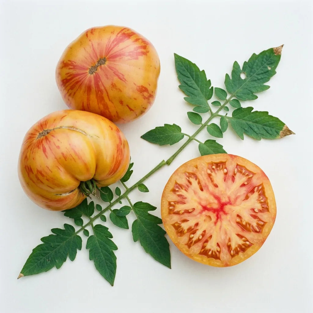 Deux gros fruits aplatis de tomate ananas, peau jaune d'or flammée de rouge-rosé, et une tranche montrant la chair marbrée, sur fond blanc — SemiSauvage