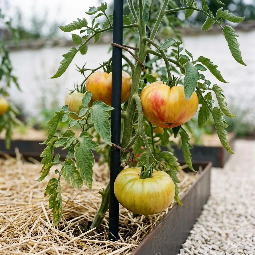 Pied tuteuré de tomate ananas au potager, portant quatre à cinq gros fruits côtelés à des stades de maturité différents — SemiSauvage