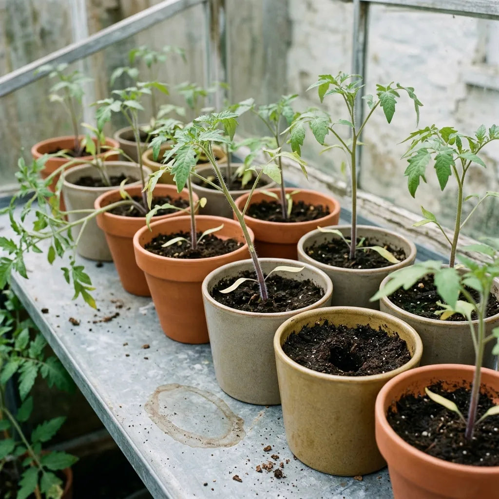 Jeunes semis de tomate repiqués en godets de terre cuite et de grès sur une tablette de zinc sous châssis — SemiSauvage