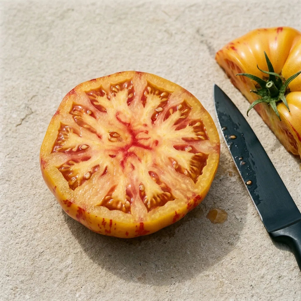 Tranche épaisse de tomate ananas : chair jaune-orangé traversée de rayons rouge framboise irradiant du centre, très peu de loges et de pépins — SemiSauvage