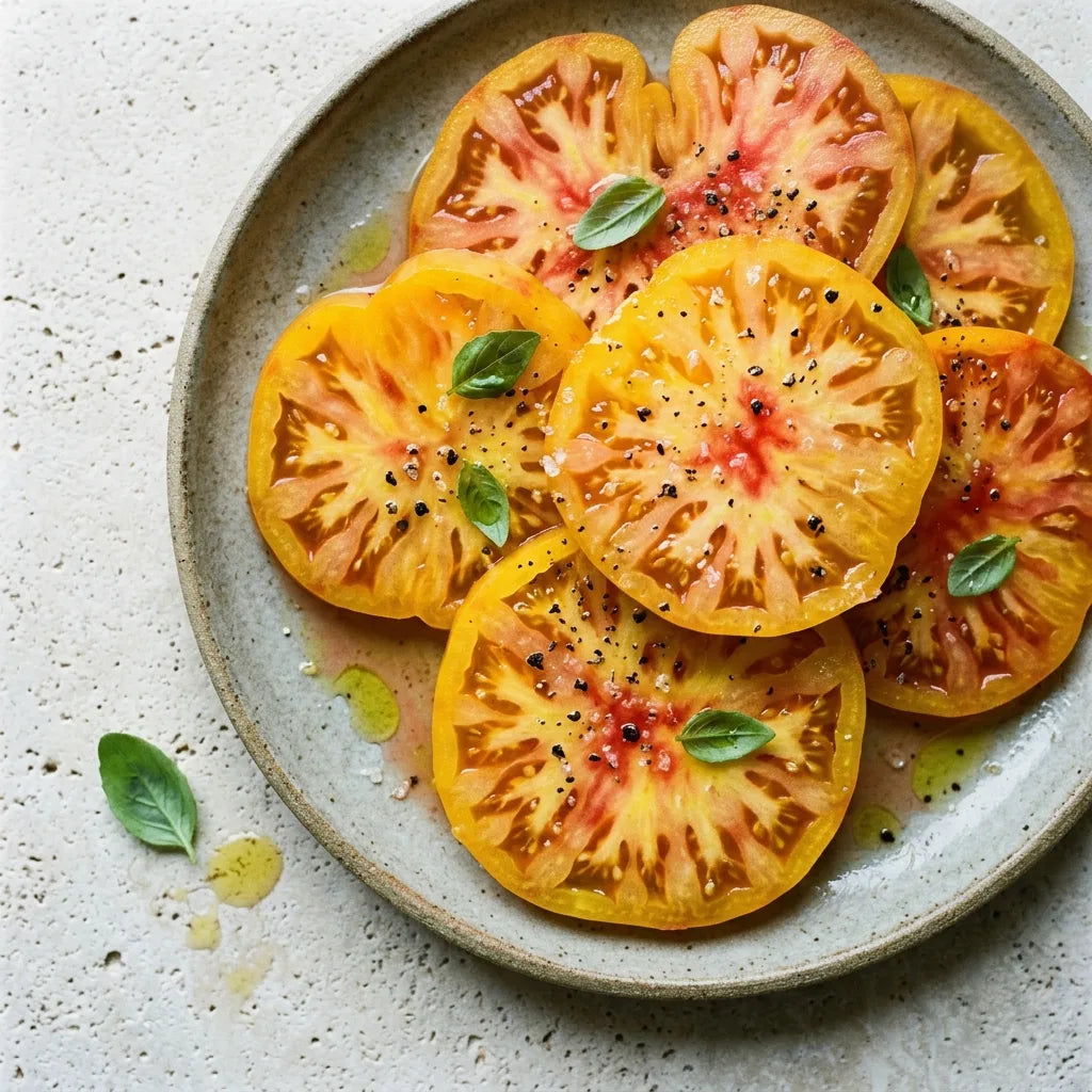 Tranches épaisses de tomate ananas crue à l'huile d'olive et à la fleur de sel, dans une assiette de grès émaillé mat — SemiSauvage