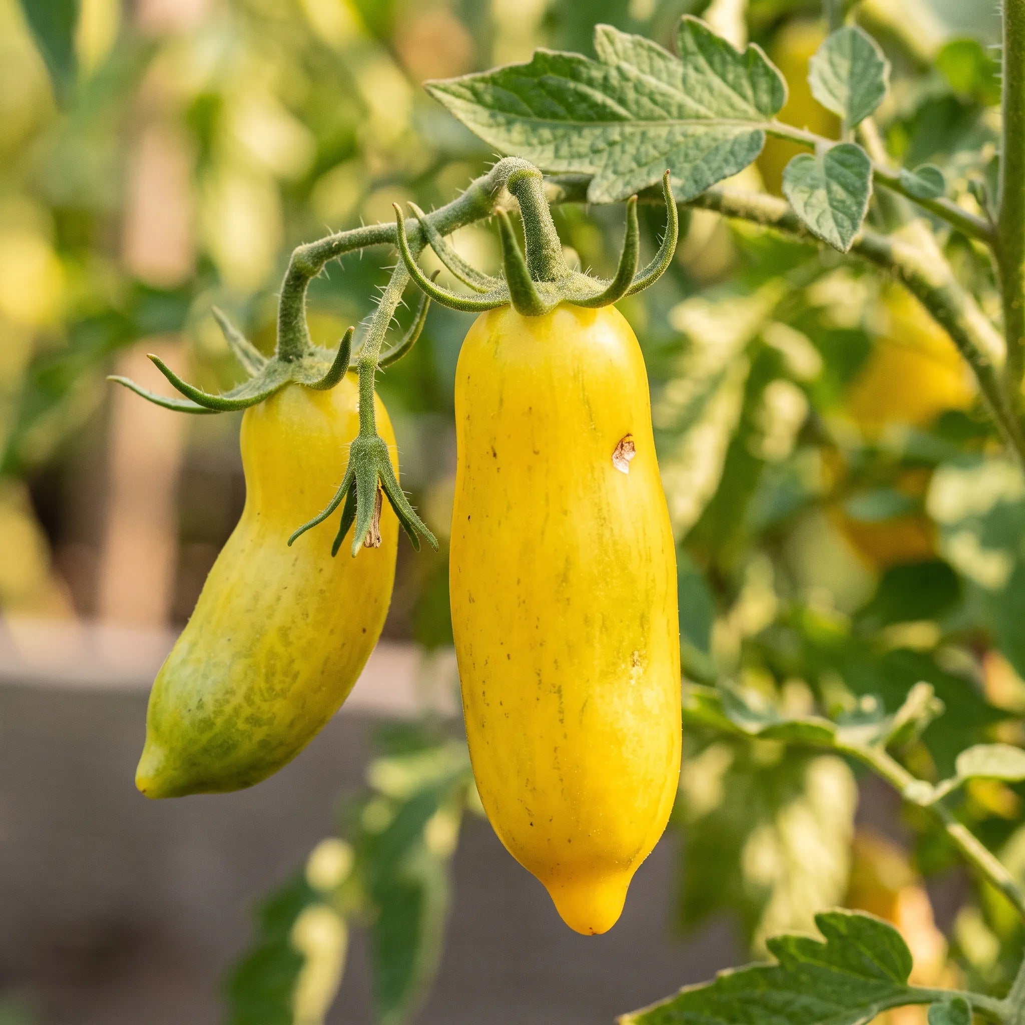 Macro d'un fruit de tomate Banana Legs à flancs parallèles et mamelon obtus — SemiSauvage