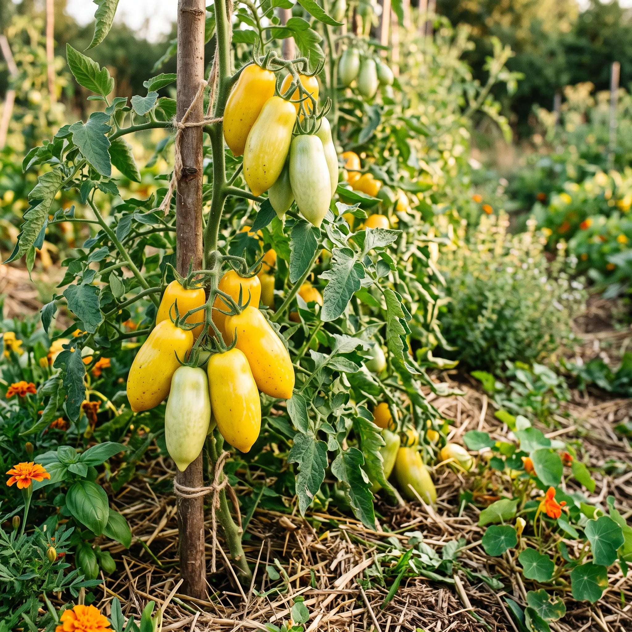 Pied de tomate Banana Legs pallissé sur tuteur dans un potager en permaculture — SemiSauvage