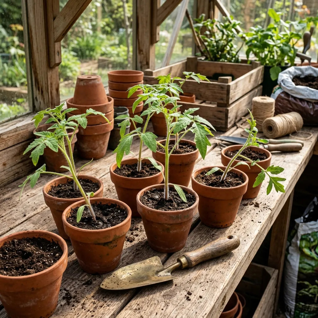Jeunes plants de tomate Banana Legs en godets de terre cuite sous serre — SemiSauvage