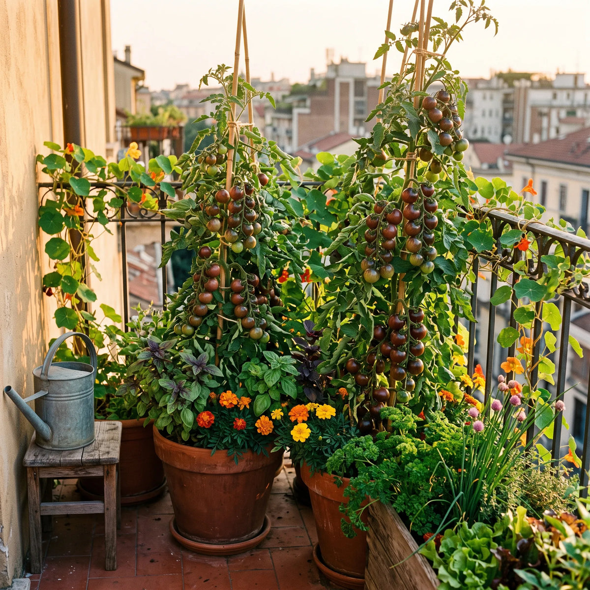 Tomates cerises Black Cherry cultivées en pot sur un balcon avec basilic et capucines