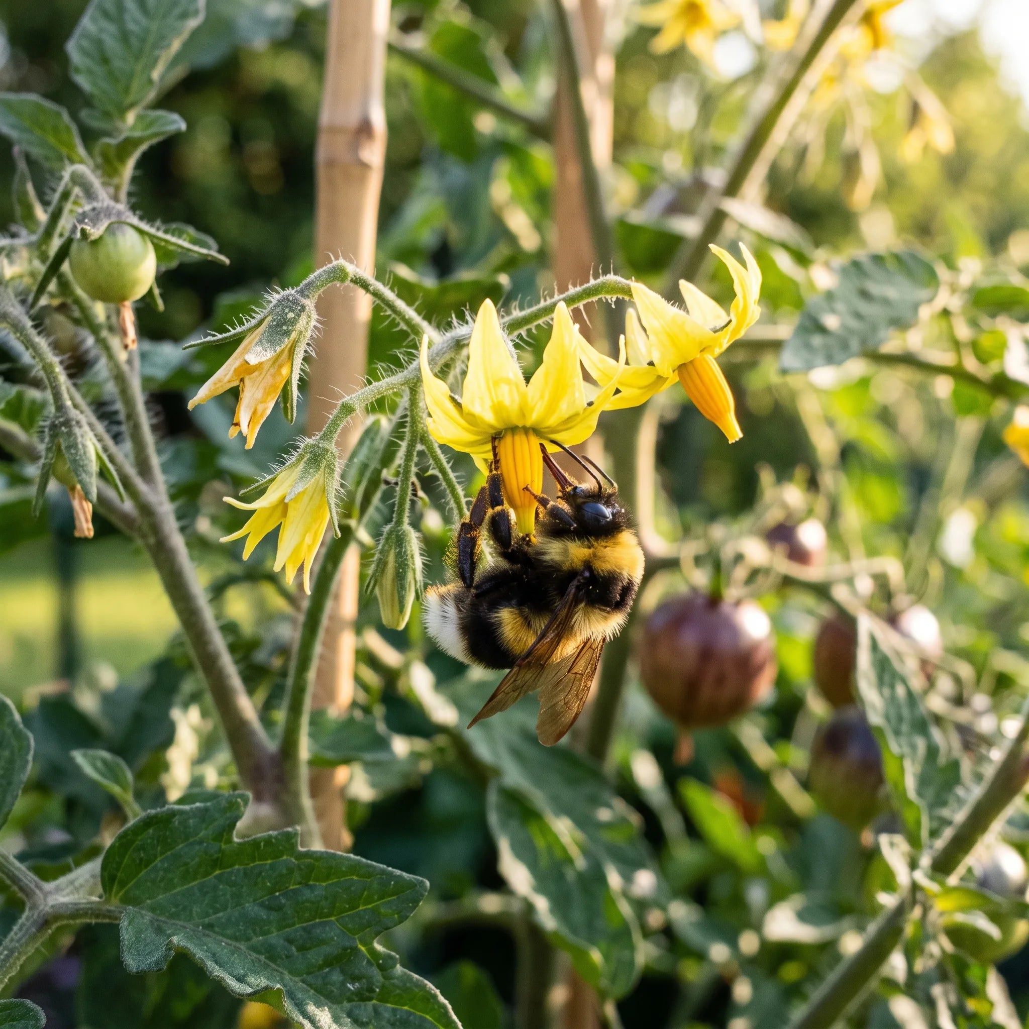 Bourdon des jardins pollinisant les fleurs jaunes d'un plant de tomate