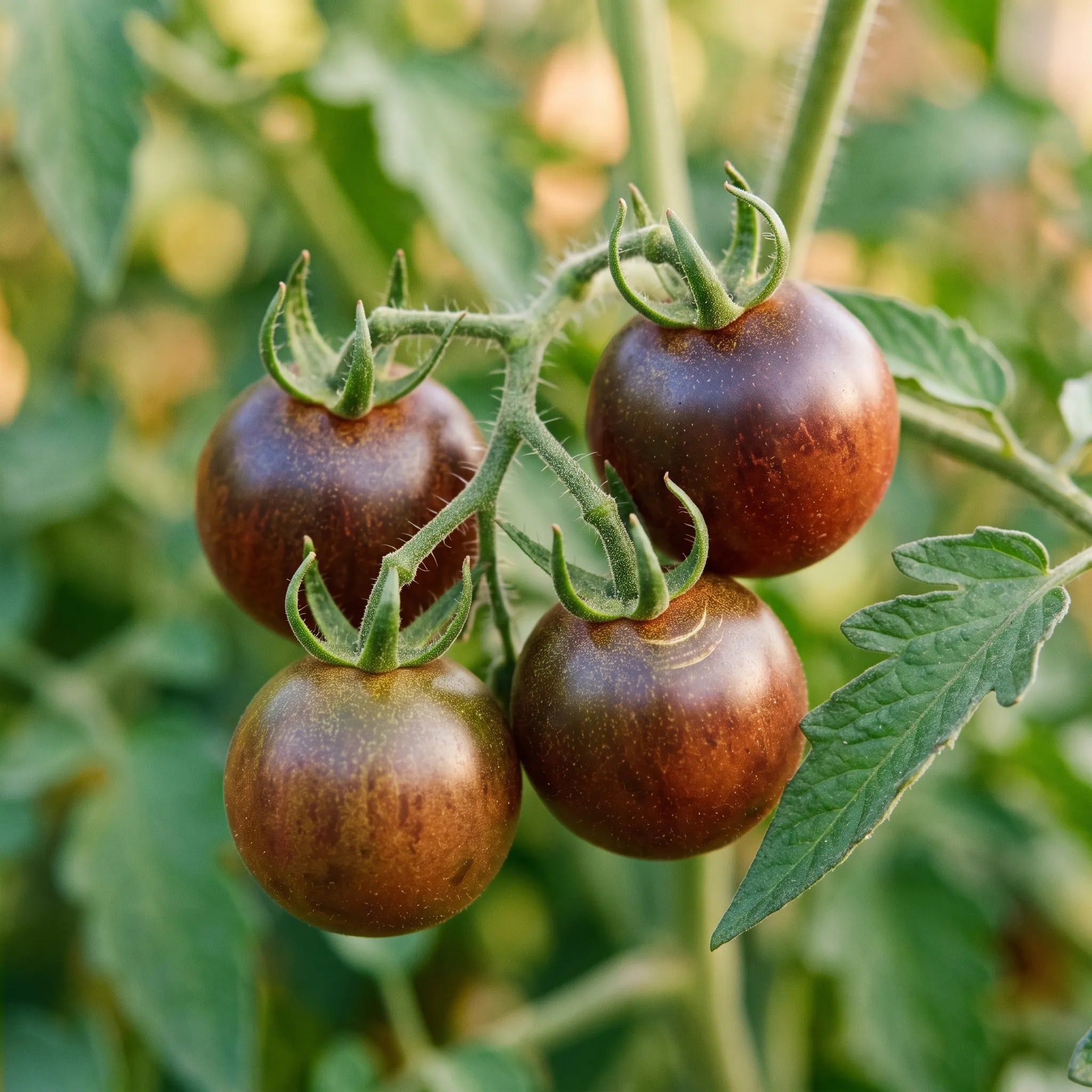 Gros plan sur la peau brun-pourpre et les épaules vertes de la tomate Black Cherry