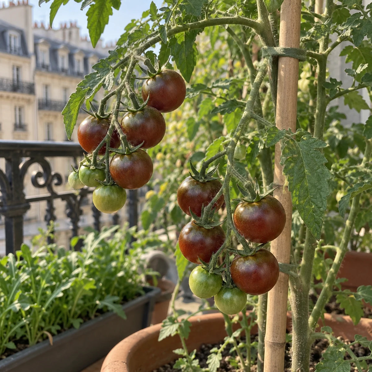 Grappes de tomates cerises Black Cherry brun-pourpre sur un pied tuteuré en pot.