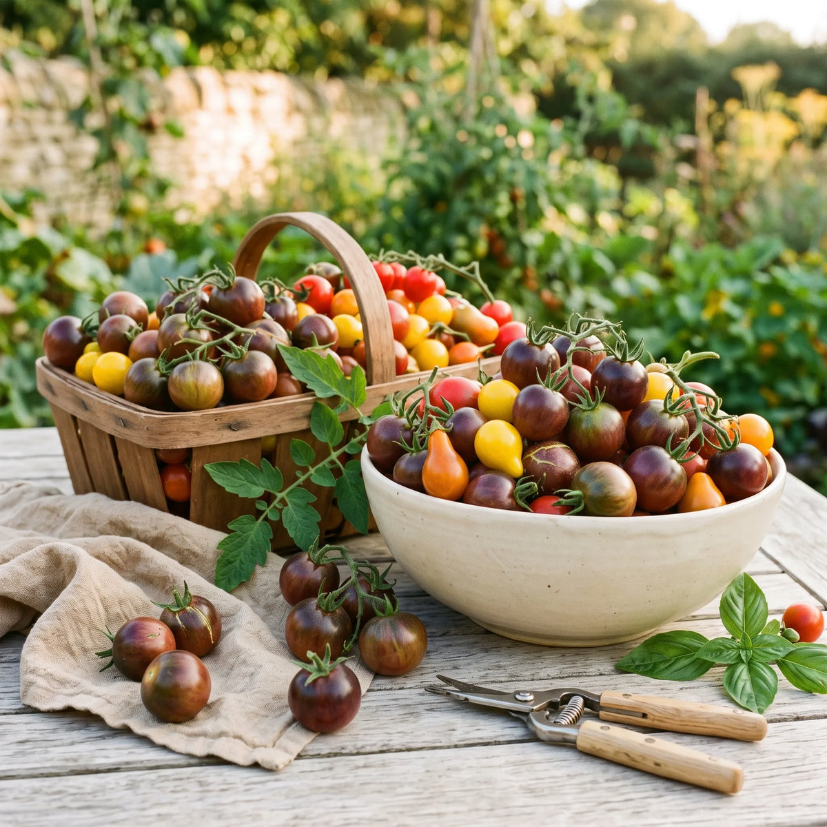Récolte de tomates cerises Black Cherry mêlées à des variétés jaunes et rouges