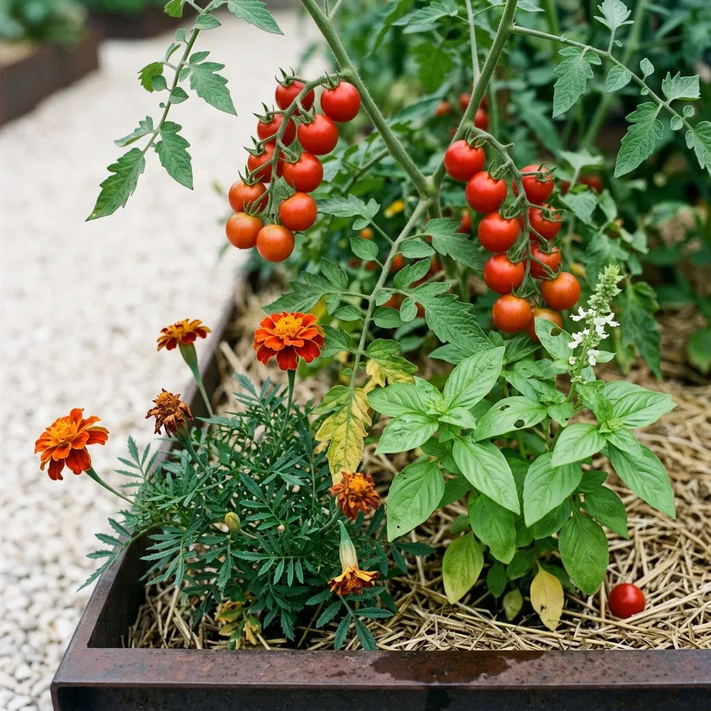 Association au potager : tomate cerise, basilic monté en fleurs et œillets d'Inde au pied, dans un carré bordé d'acier corten — SemiSauvage