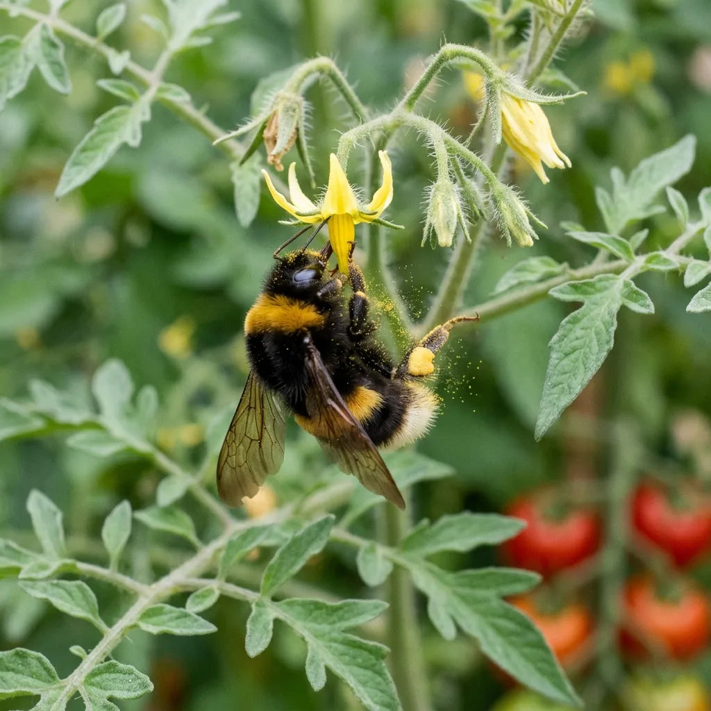 Bourdon terrestre à l'extrémité blanche accroché sous une fleur de tomate cerise, pollinisation vibratile libérant le pollen — SemiSauvage