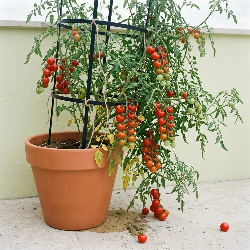 Pied de tomate cerise cultivé en pot de terre cuite sur une terrasse, cage d'acier noir et grappes retombantes chargées de fruits — SemiSauvage
