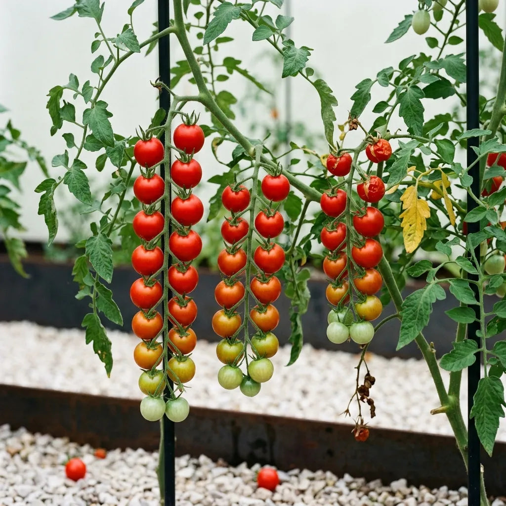 Grappes pendantes de tomates cerises au potager, bordure d'acier corten et gravier calcaire clair — SemiSauvage