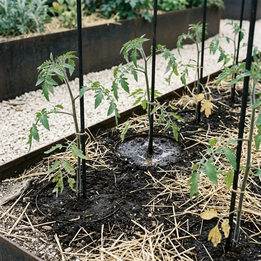 Jeunes plants de tomate cerise repiqués tige enterrée jusqu'aux premières feuilles, cuvette d'arrosage et tuteur d'acier noir — SemiSauvage