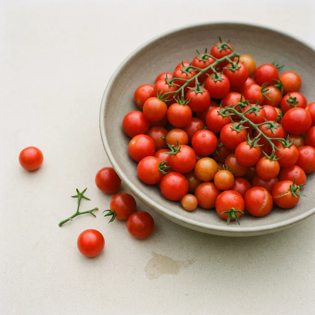 Récolte de tomates cerises rouges en vrac dans une coupelle de grès émaillé mat, avec deux grappes entières posées dessus — SemiSauvage
