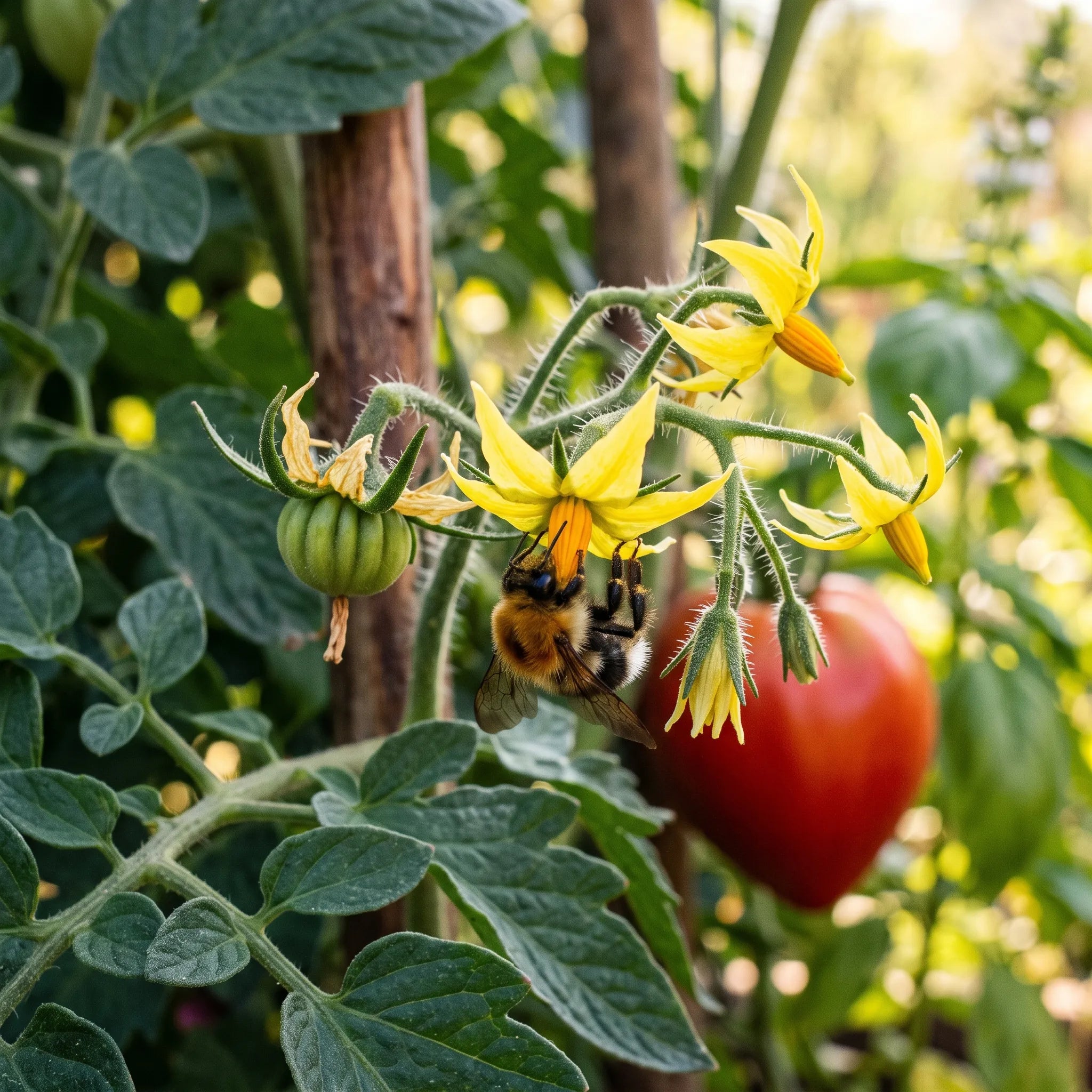 Bourdon des arbres pollinisant les fleurs jaunes d'un plant de tomate Cœur de Bœuf