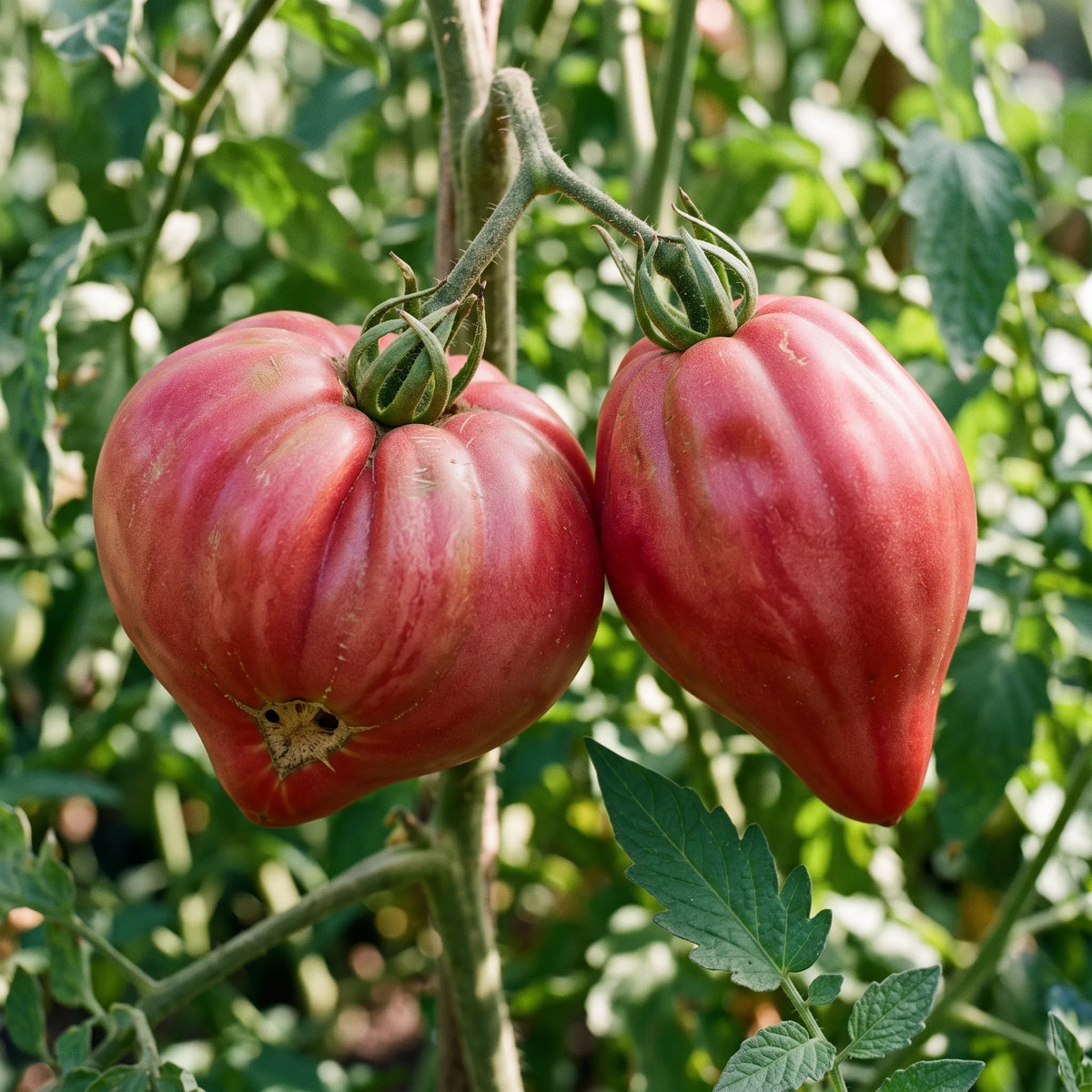 Gros plan sur les épaules côtelées et la pointe arrondie de la tomate Cœur de Bœuf