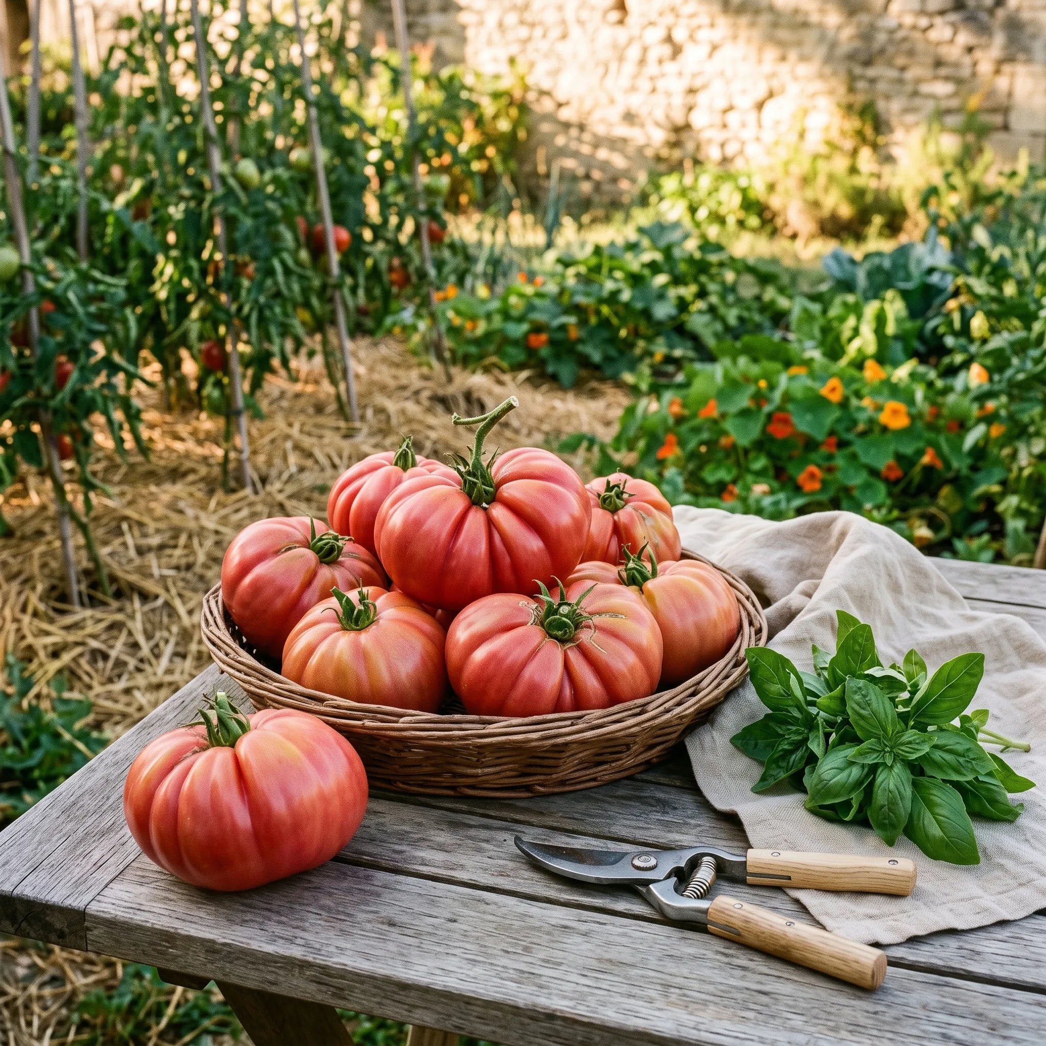 Récolte de grosses tomates Cœur de Bœuf dans un panier au potager