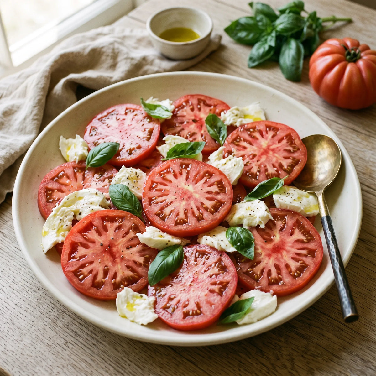 Salade d'été de tomates Cœur de Bœuf en tranches épaisses, mozzarella et basilic