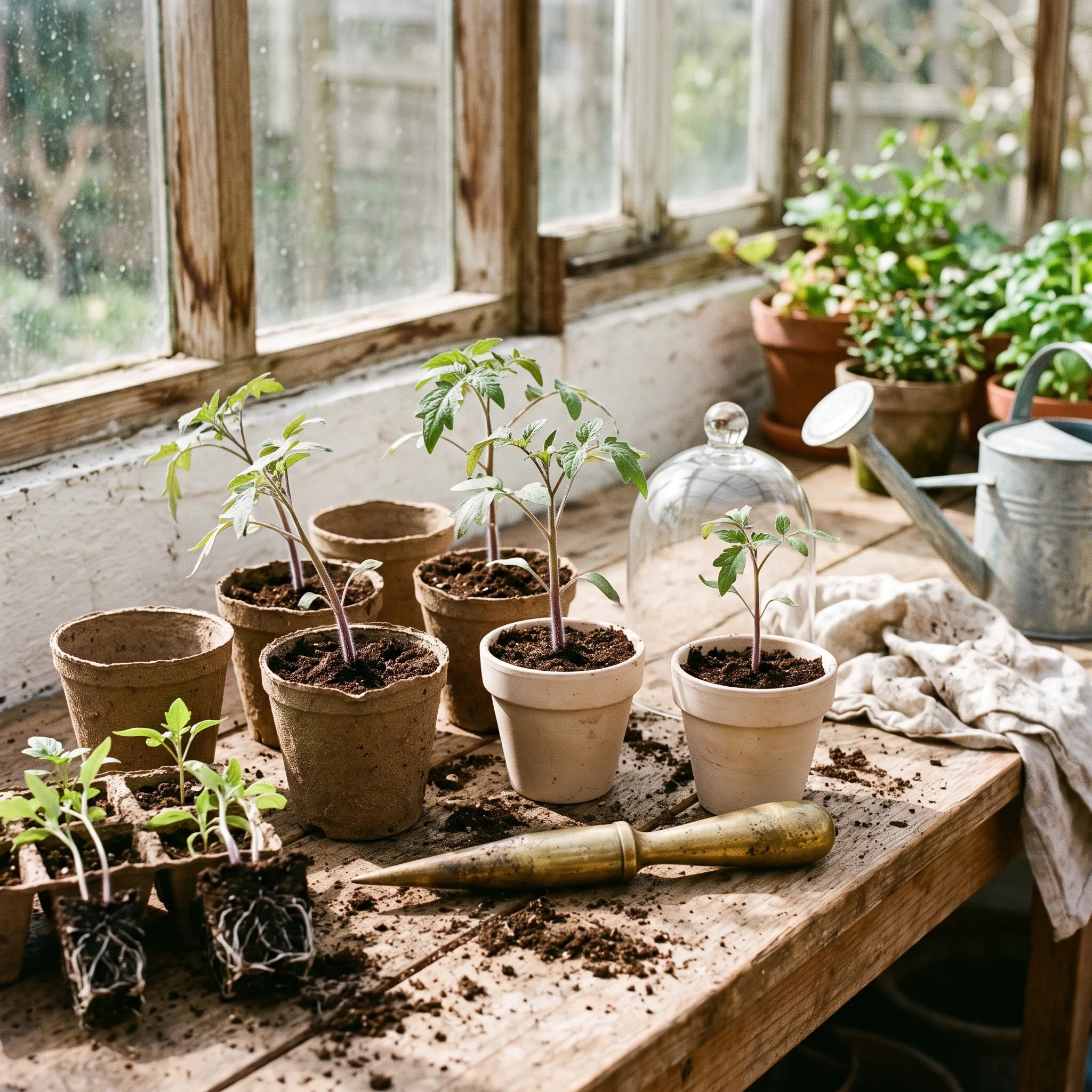 Repiquage en godets des jeunes plants de tomate, tige enterrée jusqu'aux cotylédons