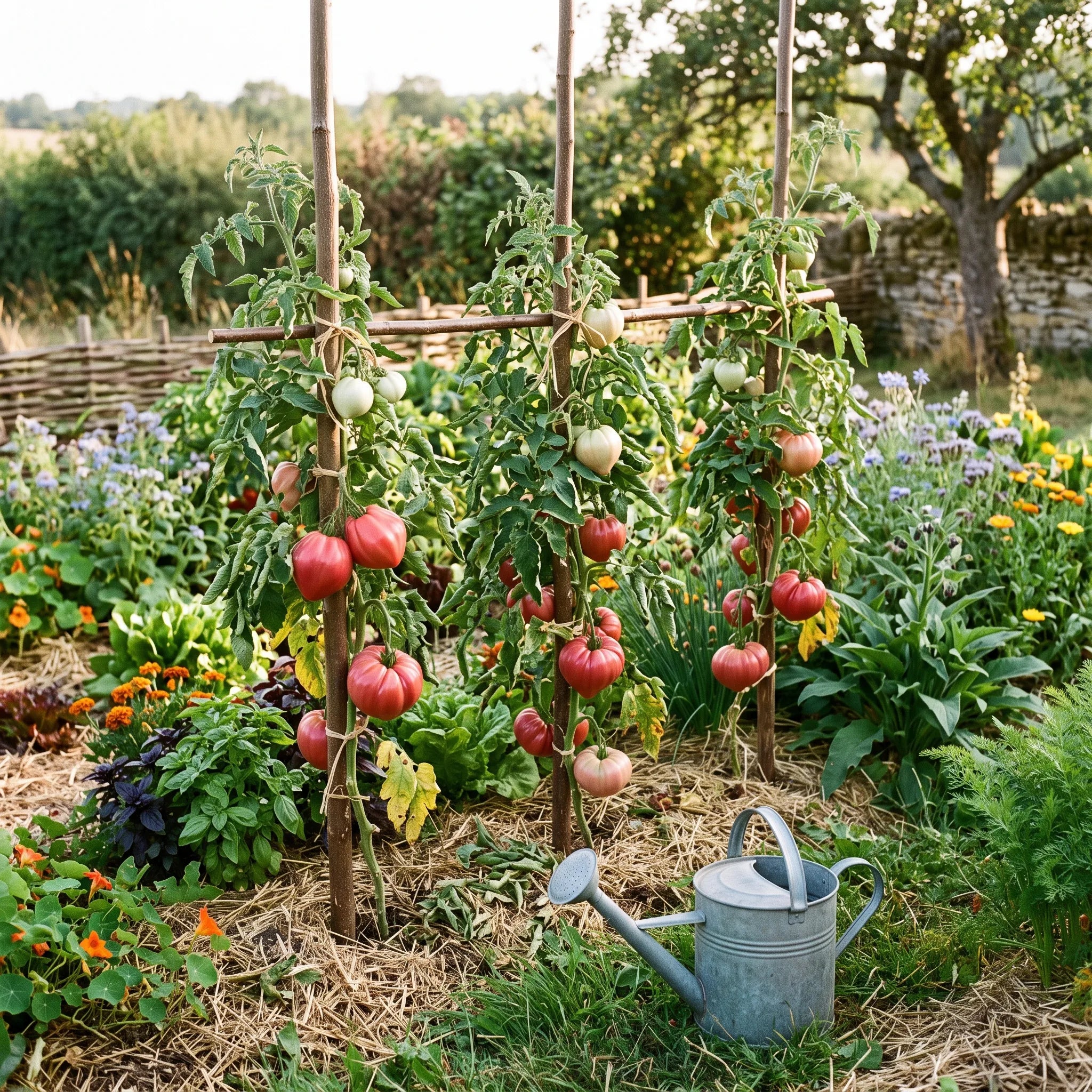 Tomates Cœur de Bœuf tuteurées sur sol paillé dans un potager en permaculture